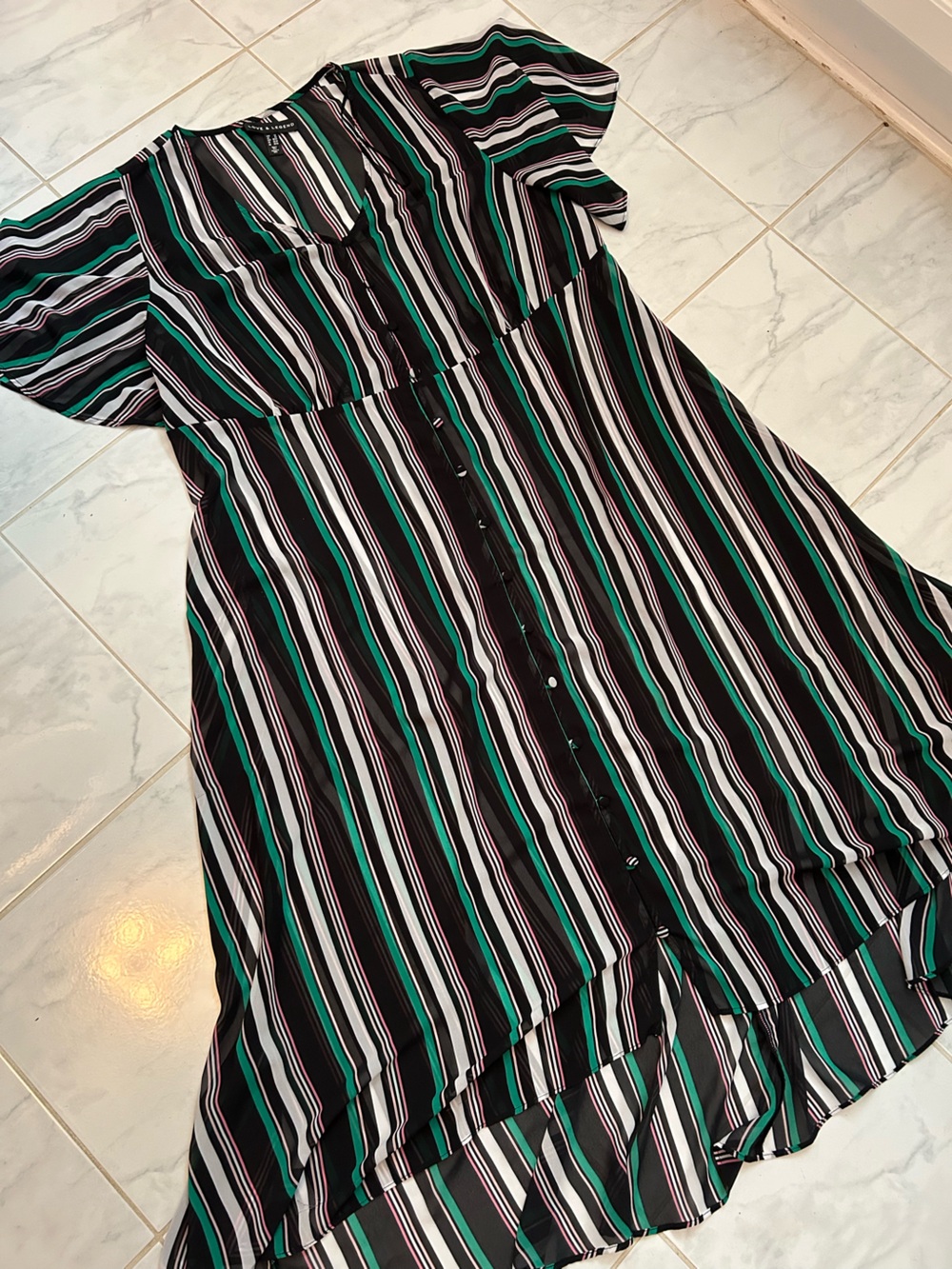 Love & Legend Black, White & Teal Striped Button-Front Dress. Sheer material.